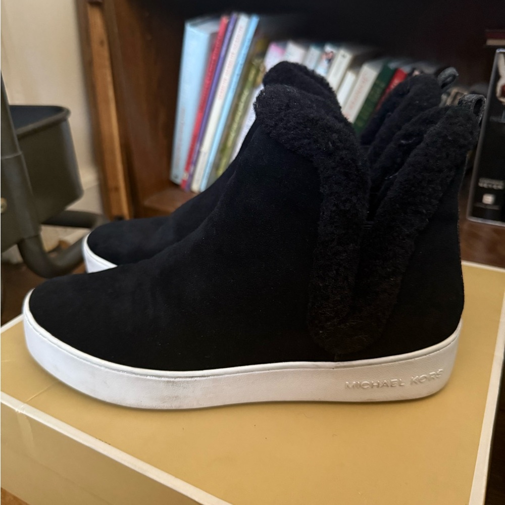 MICHAEL Michael Kors Ashlyn black suede and shearling high top slip on sneakers